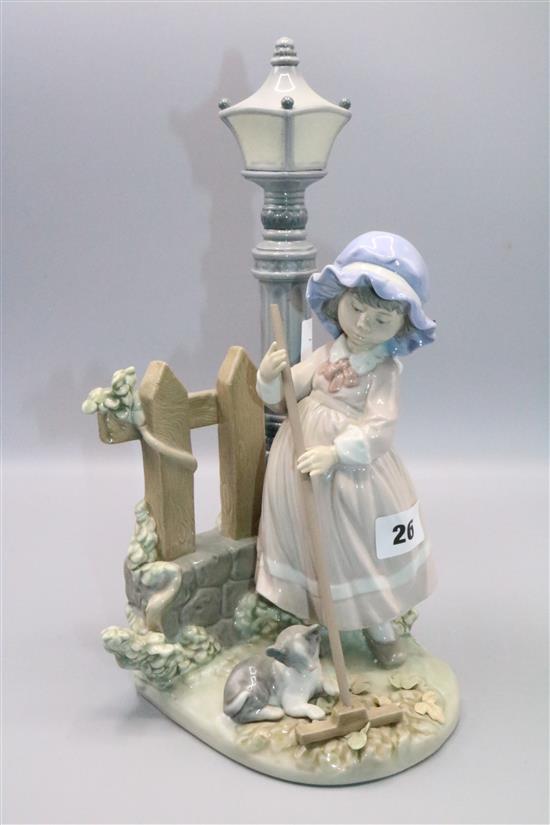 Lladro girl with rake by lantern & gate with rat